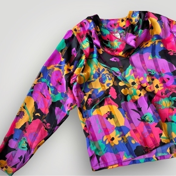 Vintage 80s Carry Back Floral Blouse Top Long Sleeve - Picture 6 of 16